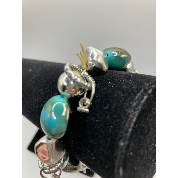 Turquoise & Silver-Tone Beaded Charm Homemade 4.75 Inch Around Bracelet! - Picture 5 of 6